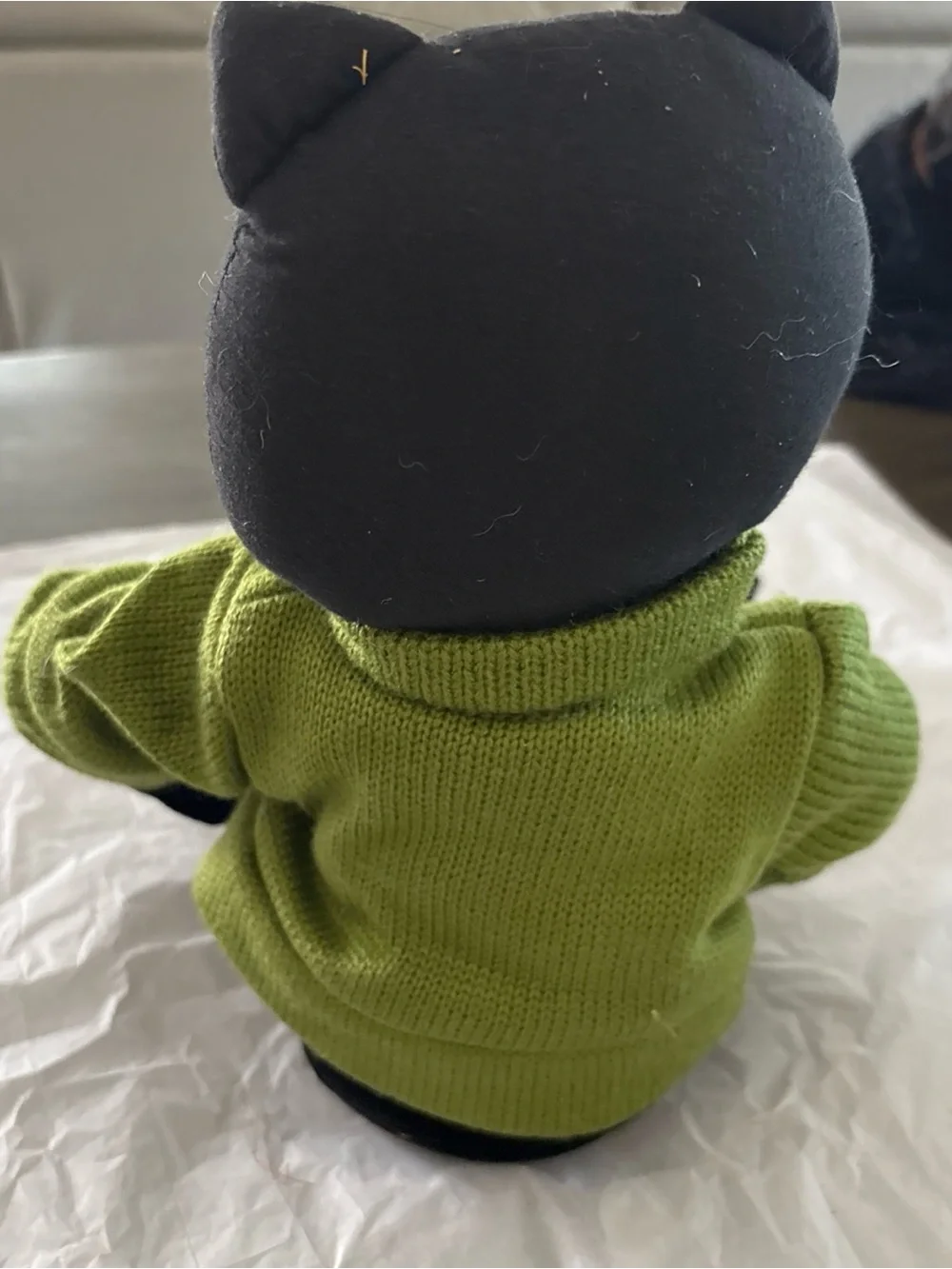 Black Cat Plush with Green 'BOO' Sweater and Orange Socks - Halloween Decor
